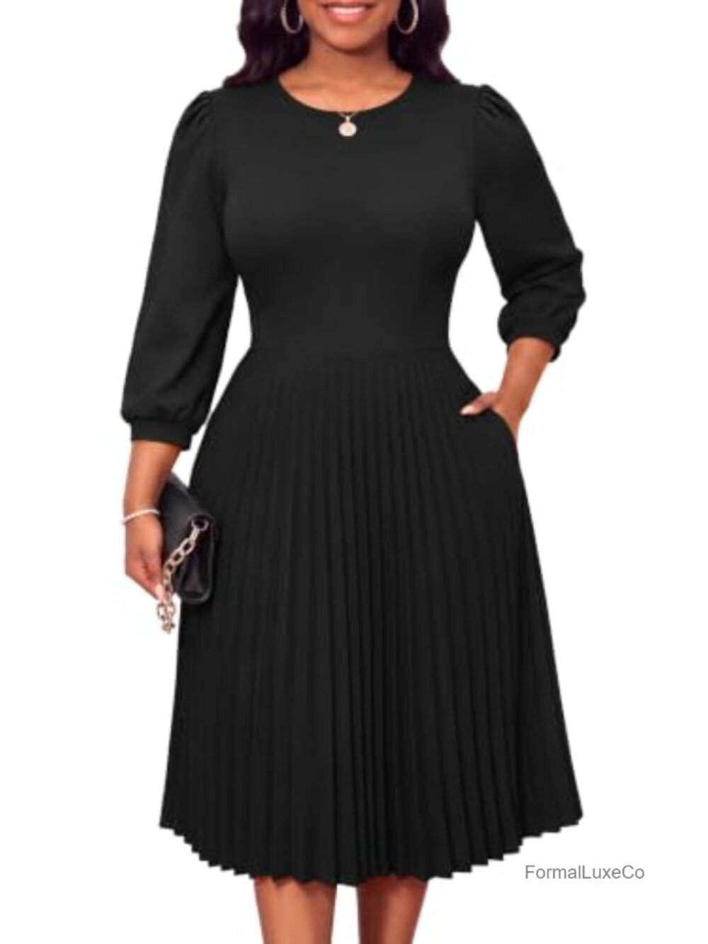 A-Line Pleated Midi Dress 3/4 Sleeve Crew Neck with Pockets for Wedding Guest